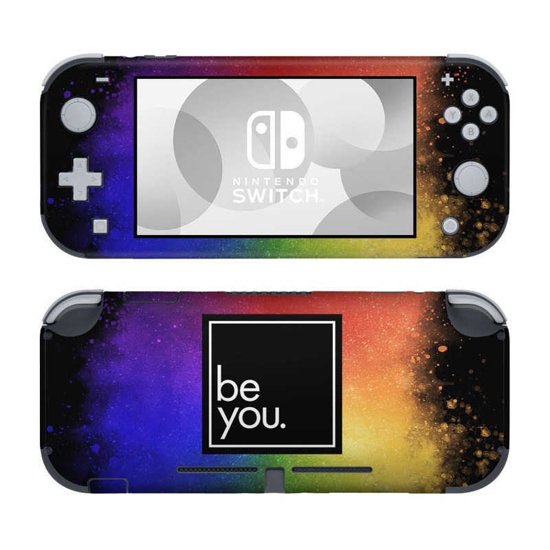 Nintendo Switch Lite Skin design of Text, Font, Sky, Graphic design, Line, Illustration, Logo, Graphics, Night, Space, with black, white, blue, purple, green, yellow, orange, red colors