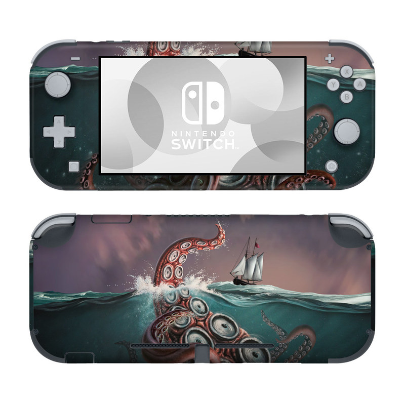 Nintendo Switch Lite Skin design of Octopus, Water, Illustration, Wind wave, Sky, Graphic design, Organism, Cephalopod, Cg artwork, giant pacific octopus, with blue, gray, white, brown, red colors