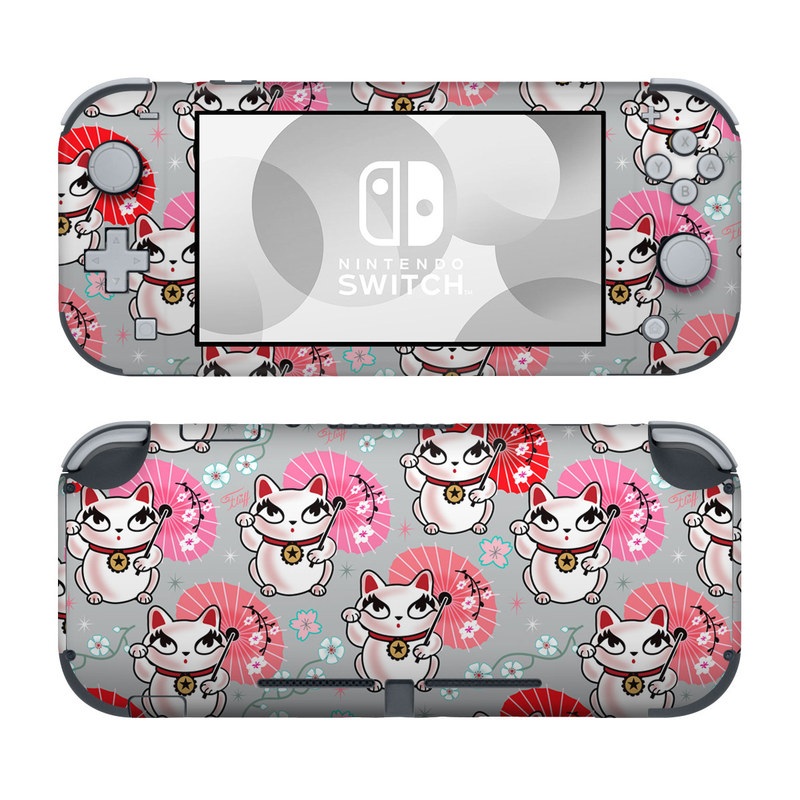 Nintendo Switch Lite Skin design of Pink, Red, Cartoon, Design, Line, Textile, Pattern, Illustration, Smile, Fictional character, with white, red, pink, gray, blue, black colors