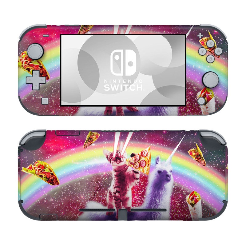 Nintendo Switch Lite Skin design of Llama, Unicorn, Fictional character, Illustration, Graphic design, Livestock, Camelid, Mythical creature, Graphics, Art, with red, white, yellow, gray, purple, blue, green colors