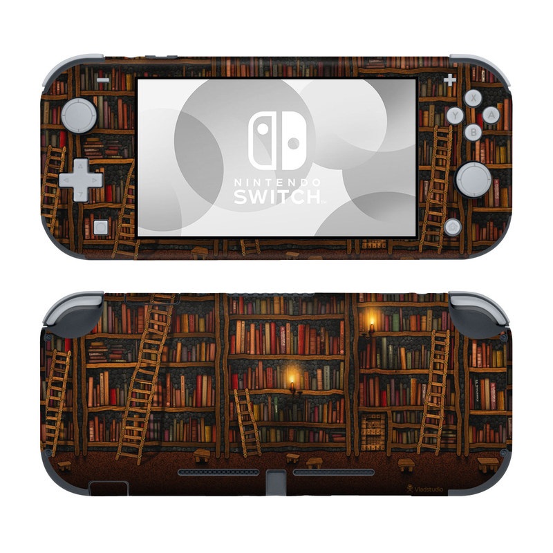 Nintendo Switch Lite Skin design of Shelving, Library, Bookcase, Shelf, Furniture, Book, Building, Publication, Room, Darkness, with black, red colors