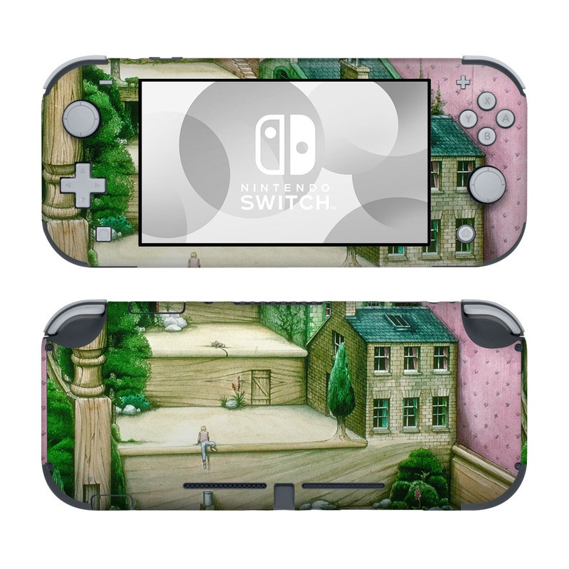 Nintendo Switch Lite Skin design of Green, Stairs, House, Watercolor paint, Home, Illustration, Building, Wood, Plant, Sketch, with pink, green, brown colors