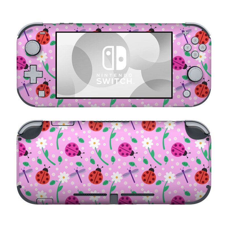 Nintendo Switch Lite Skin design of Pink, Pattern, Design, Magenta, Clip art, Plant, Visual arts, Ladybug, Child art, Illustration, with pink, white, purple, gray, red, blue colors