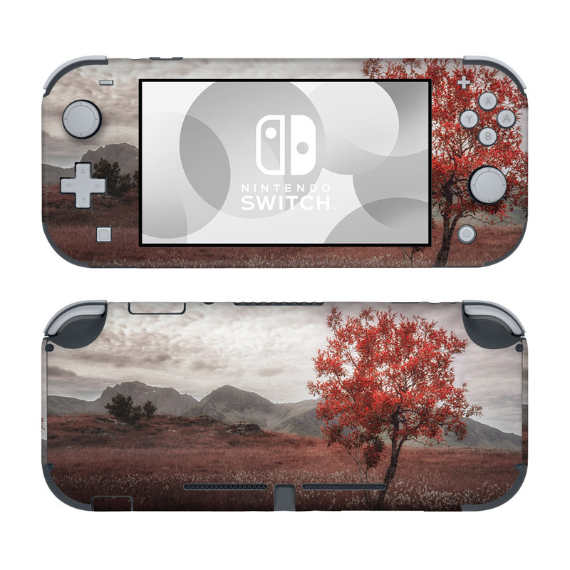 Nintendo Switch Lite Skin design of Natural landscape, Nature, Tree, Sky, Red, Natural environment, Atmospheric phenomenon, Leaf, Cloud, Woody plant, with black, gray, red colors