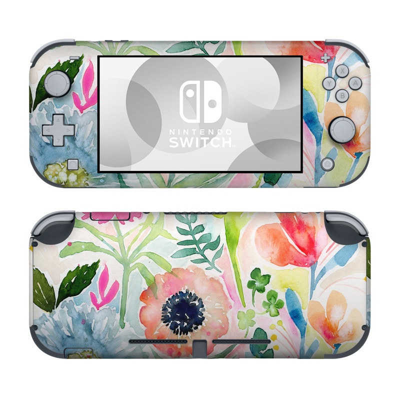 Nintendo Switch Lite Skin design of Flower, Watercolor paint, Plant, Flowering plant, Pattern, Floral design, Botany, Petal, Wildflower, Design, with green, pink, yellow, orange, blue, red, purple colors