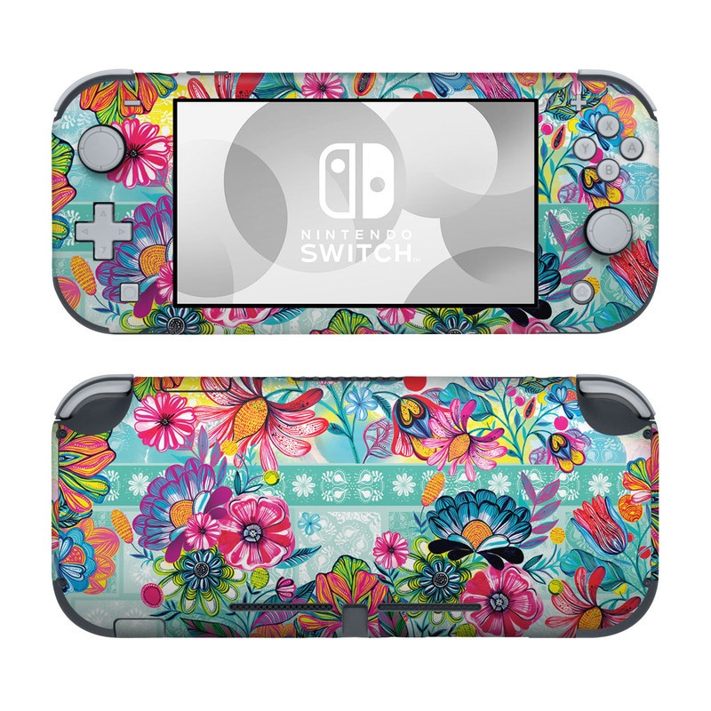 Nintendo Switch Lite Skin design of Pattern, Floral design, Textile, Pink, Design, Flower, Visual arts, Wildflower, Plant, with blue, pink, purple, red, green, yellow, orange colors