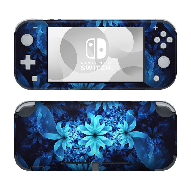 Nintendo Switch Lite Skin design of Nature, Blue, Petal, Organism, Darkness, Flower, Colorfulness, Electric Blue, Majorelle Blue, Pattern, Botany, Still Life Photography, Space, Aquatic Plant, Fractal Art, Visual Arts, Illustration, Symmetry, Midnight, Wildflower, Painting, Still Life, with black, blue, white colors