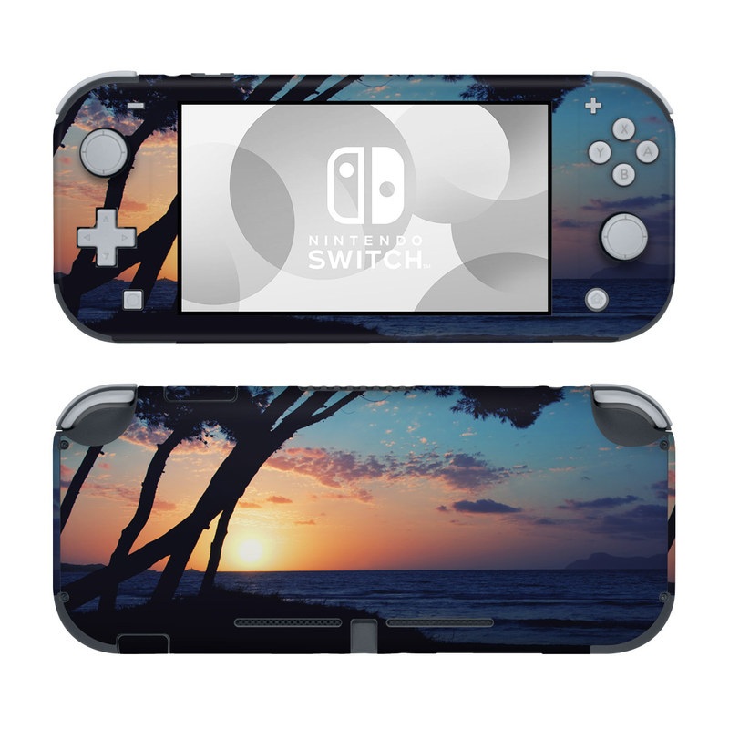 Nintendo Switch Lite Skin design of Sky, Horizon, Nature, Tree, Sunset, Sunrise, Ocean, Sea, Natural landscape, Afterglow, with black, gray, blue, green, red, pink colors