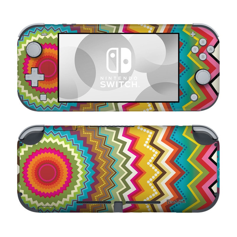 Nintendo Switch Lite Skin design of Colorfulness, Textile, Art, Creative arts, Triangle, Rectangle, Symmetry, Circle, Pattern, Tints and shades, with red, orange, yellow, pink, green, white, black, blue, brown colors
