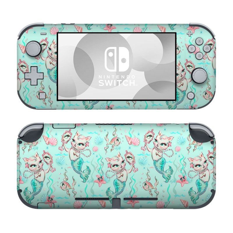 Nintendo Switch Lite Skin design of Green, Aqua, Pattern, Teal, Turquoise, Pink, Textile, Wrapping paper, Design, with blue, pink, white, green colors