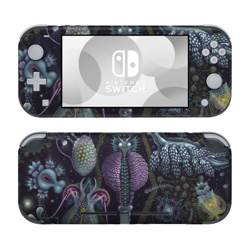 Nintendo Switch Lite Skin design of Organism, Pattern, Art, Illustration, Fractal art, Psychedelic art, Design, Visual arts, Plant, Modern art, with black, green, purple, pink, yellow, blue colors