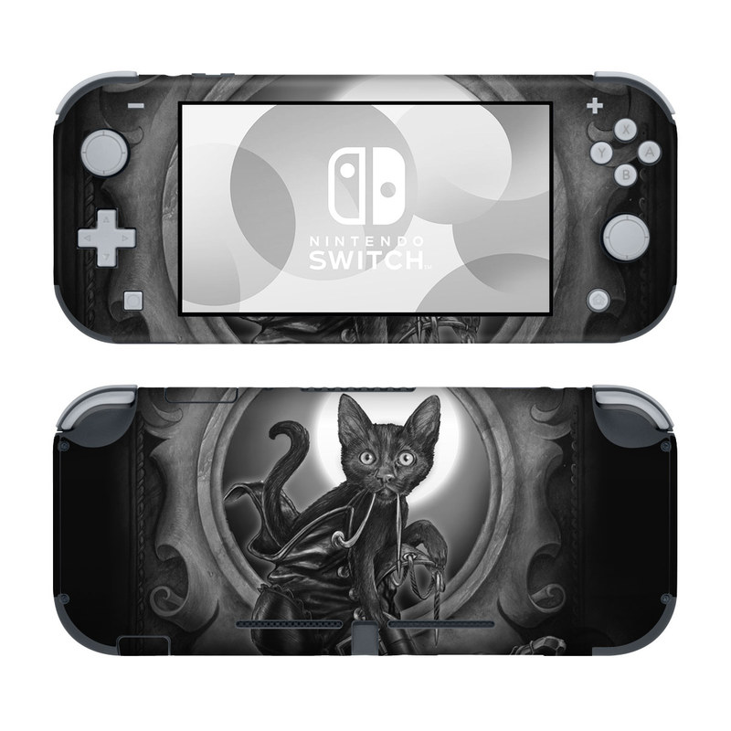 Nintendo Switch Lite Skin design of Cat, Boot, Book, Wand, Shoelace, Mirror, with black, white, gray colors