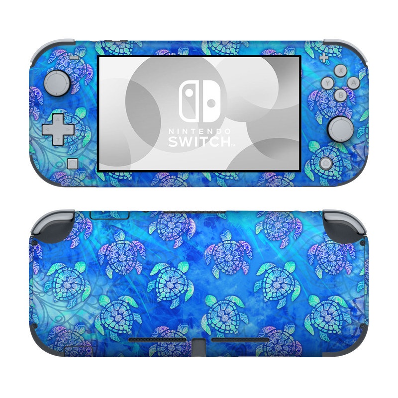 Nintendo Switch Lite Skin design of Blue, Pattern, Organism, Design, Sea turtle, Plant, Electric blue, Hydrangea, Flower, Symmetry, with blue, green, purple colors