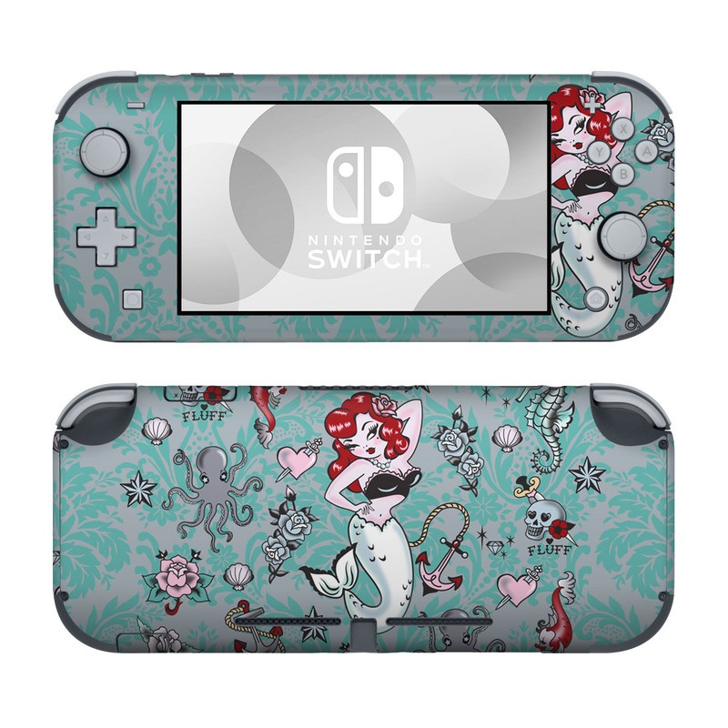 Nintendo Switch Lite Skin design of Mermaid, Illustration, Fictional character, Organism, Art, Pattern, Style, with gray, blue, black, red, white, pink colors