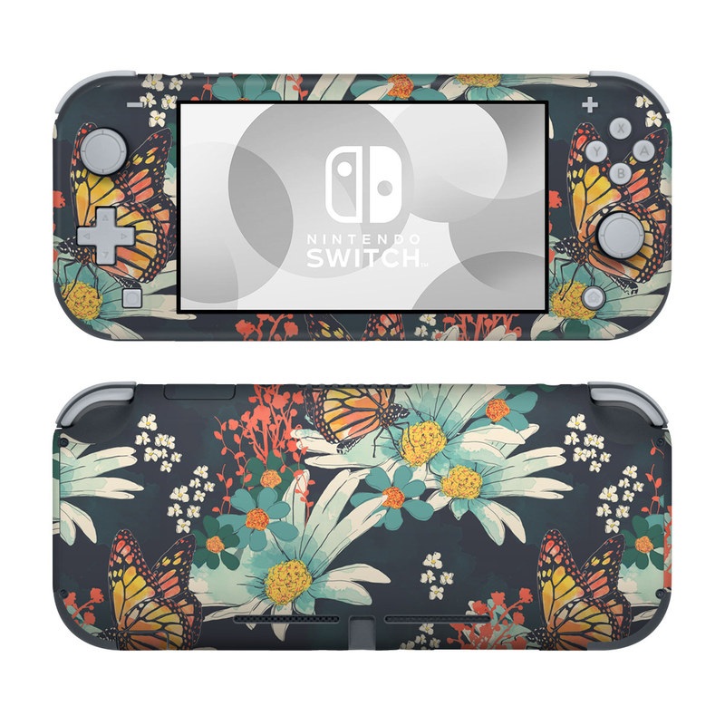 Nintendo Switch Lite Skin design of Floral design, Pattern, Flower, Floristry, Textile, Botany, Plant, Visual arts, Design, Flower Arranging, with black, gray, green, red, blue, pink colors