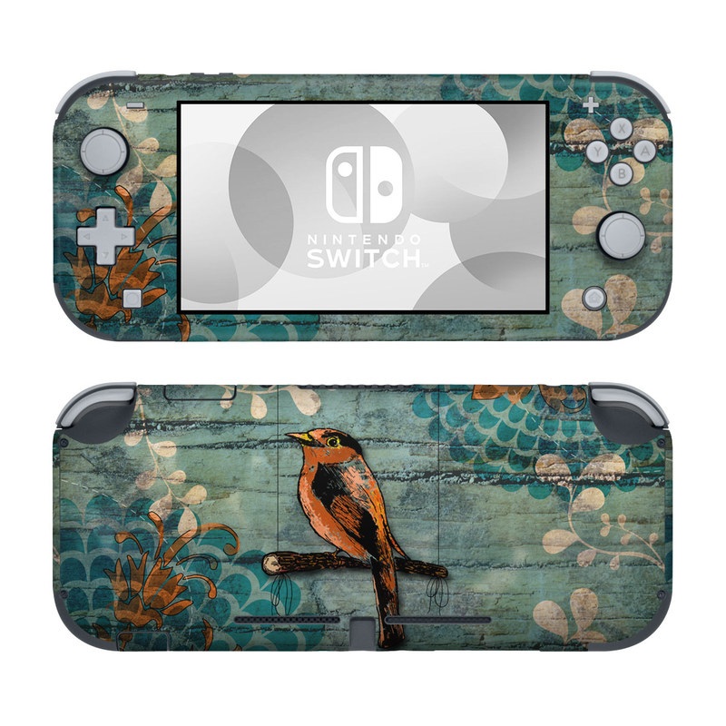 Nintendo Switch Lite Skin design of Bird, Turquoise, Painting, Art, Coraciiformes, Branch, Beak, Wildlife, Perching bird, Illustration, with black, blue, gray, green, red colors