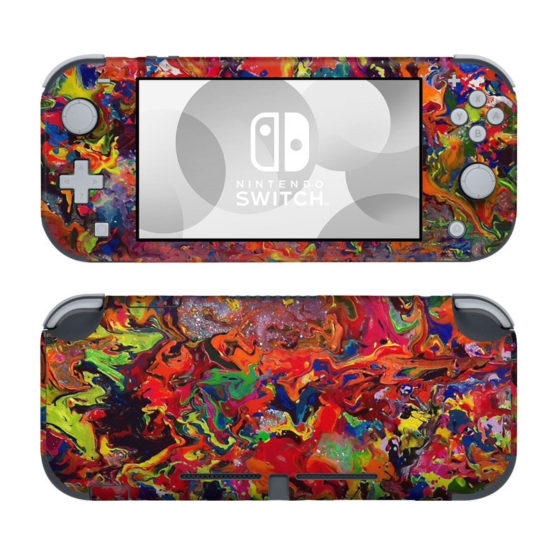 Nintendo Switch Lite Skin design of Colorfulness, Modern art, Acrylic paint, Painting, Visual arts, Art, Psychedelic art, Textile, Pattern, Paint, with red, yellow, green, orange, yellow colors
