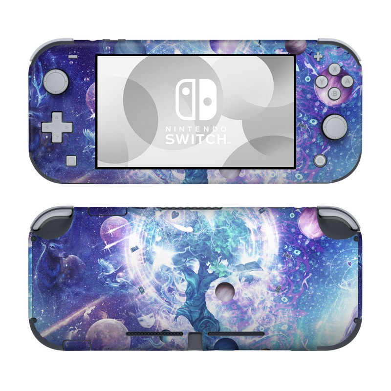 Nintendo Switch Lite Skin design of Bird, Butterfly, Planets, Deer, Space, Purple, World, Astronomical Object, Cg Artwork, Illustration, Universe, Painting, Fictional Character, Outer Space, Astronomy, Science, Water Feature, Graphic Design, Graphics, Star, Mythology, with blue, purple, white, black, gray, green colors