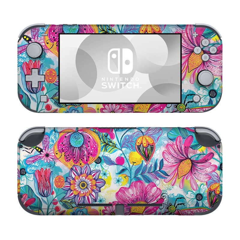 Nintendo Switch Lite Skin design of Pattern, Floral design, Textile, Design, Flower, Wildflower, Visual arts, Plant, Wrapping paper, with blue, pink, purple, green, yellow, orange, white colors