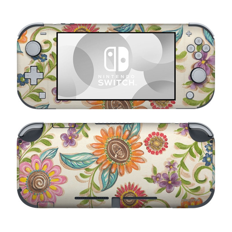 Nintendo Switch Lite Skin design of Pattern, Floral design, Flower, Botany, Design, Visual arts, Textile, Plant, Wildflower, Pedicel, with gray, green, pink, yellow, red, blue colors