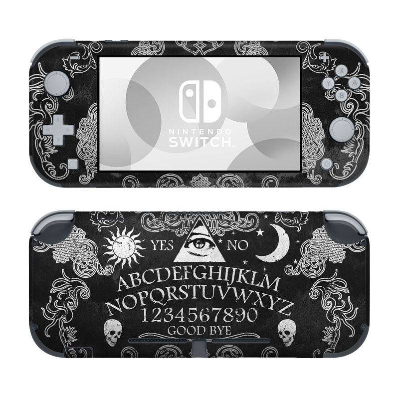 Nintendo Switch Lite Skin design of Text, Font, Pattern, Design, Illustration, Headpiece, Tiara, Black-and-white, Calligraphy, Hair accessory, with black, white, gray colors