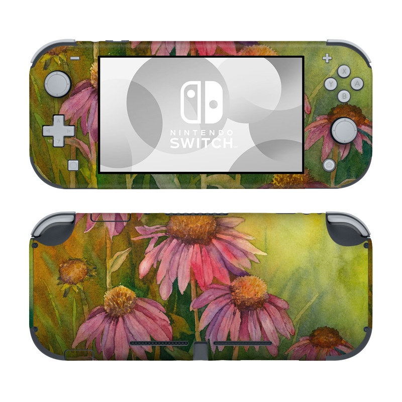 Nintendo Switch Lite Skin design of Flowering plant, Purple coneflower, Coneflower, Flower, Plant, Watercolor paint, Wildflower, black-eyed susan, Petal, Daisy family, with black, green, red, gray, purple colors