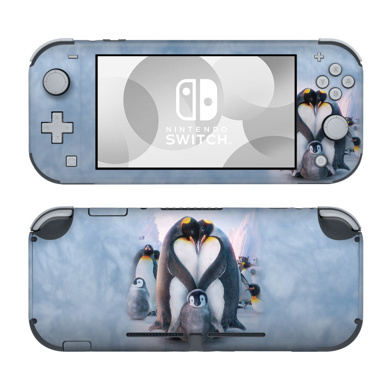 Nintendo Switch Lite Skin design of Bird, Vertebrate, Flightless bird, Penguin, Gentoo penguin, Emperor penguin, King penguin, Beak, Wildlife, Arctic, with gray, black, blue, purple colors