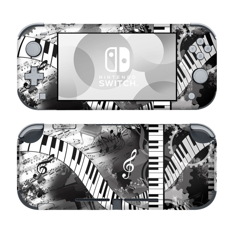Nintendo Switch Lite Skin design of Music, Monochrome, Black-and-white, Illustration, Graphic design, Musical instrument, Technology, Musical keyboard, Piano, Electronic instrument, with black, gray, white colors