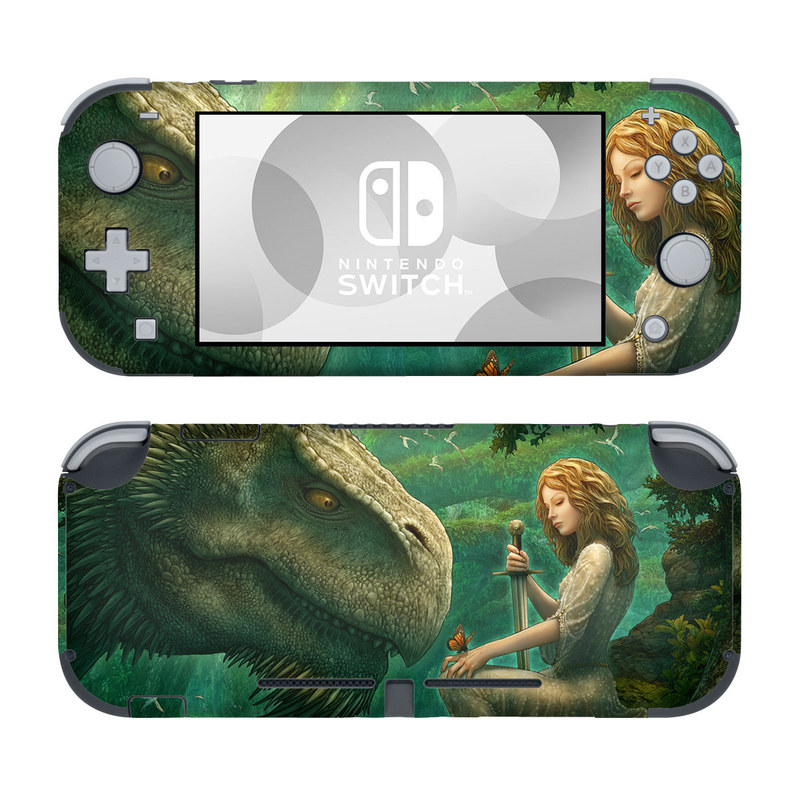 Nintendo Switch Lite Skin design of Dinosaur, Cg artwork, Mythology, Fictional character, Troodon, Extinction, Velociraptor, Illustration, Animated cartoon, Tyrannosaurus, with black, green, gray, red colors