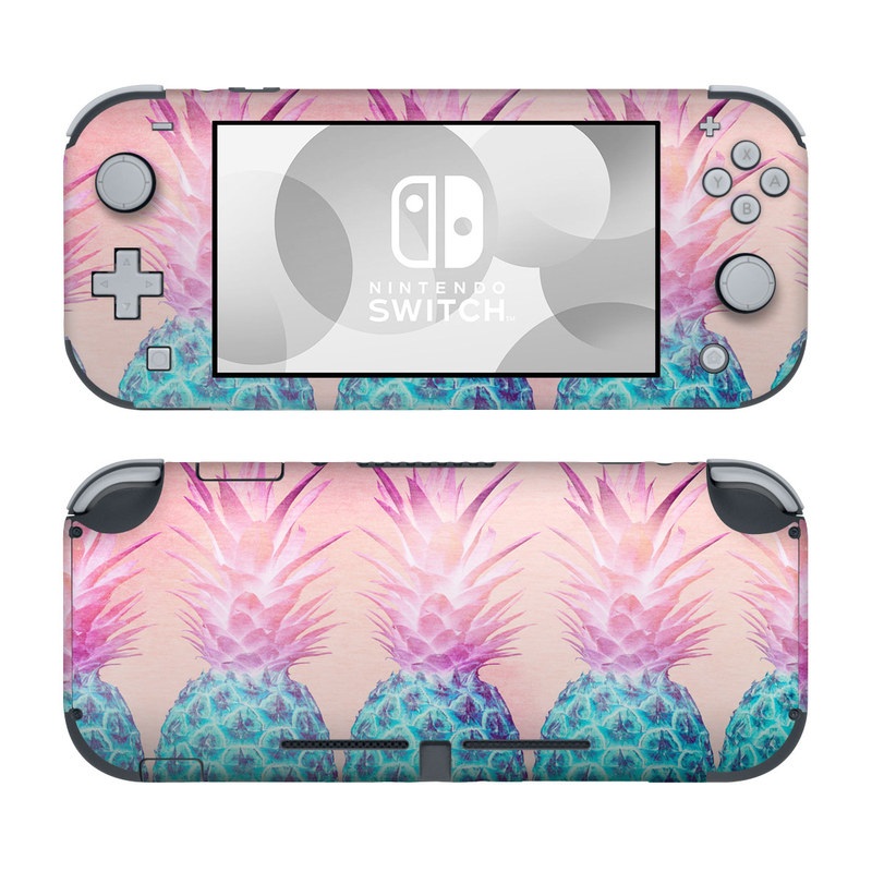 Nintendo Switch Lite Skin design of Pineapple, Ananas, Pink, Fruit, Plant, Bromeliaceae, Pattern, Poales, with pink, blue, orange colors
