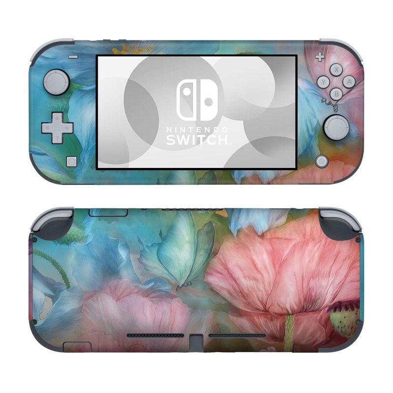Nintendo Switch Lite Skin design of Flower, Petal, Watercolor paint, Painting, Plant, Flowering plant, Pink, Botany, Wildflower, Still life, with gray, blue, black, red, green colors