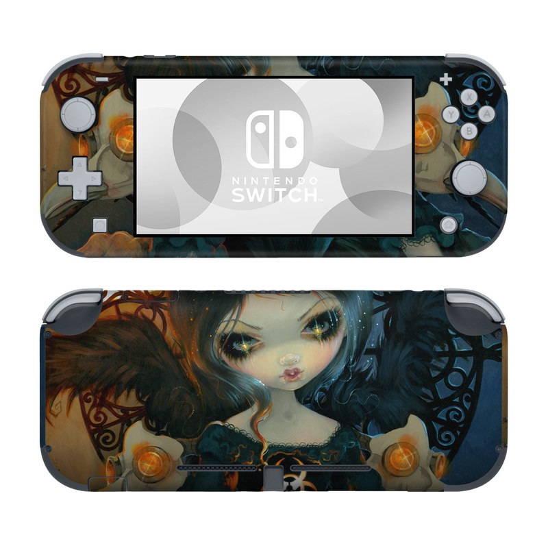 Nintendo Switch Lite Skin design of Doll, Head, Illustration, Eye, Cg artwork, Fictional character, Toy, Iris, Art, Mythology, with brown, red, black, orange, blue, yellow colors