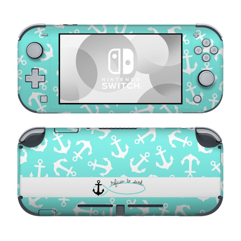 Nintendo Switch Lite Skin design of Text, Turquoise, Aqua, Font, Teal, Pattern, Line, Design, Illustration, with gray, white, blue, green colors