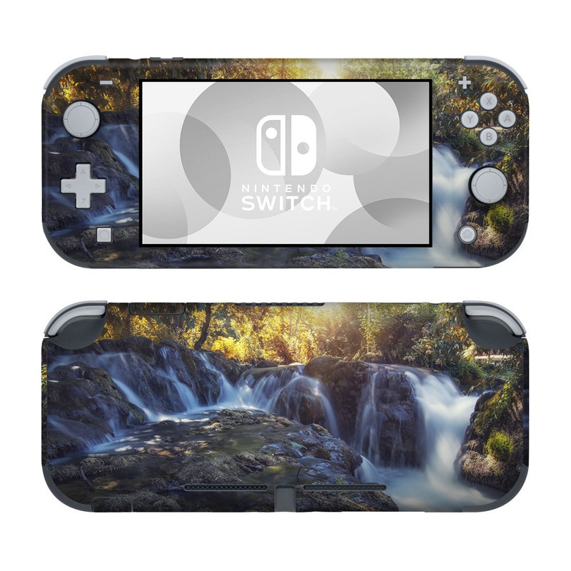 Nintendo Switch Lite Skin design of Waterfall, Natural landscape, Body of water, Nature, Water resources, Water, Watercourse, Stream, Nature reserve, Rock, with gray, yellow, orange, green, white, blue colors