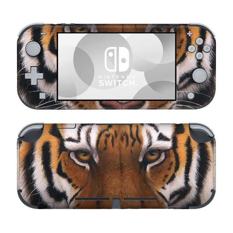 Nintendo Switch Lite Skin design of Tiger, Mammal, Wildlife, Terrestrial animal, Vertebrate, Bengal tiger, Whiskers, Siberian tiger, Felidae, Snout, with black, gray, red, green, pink colors