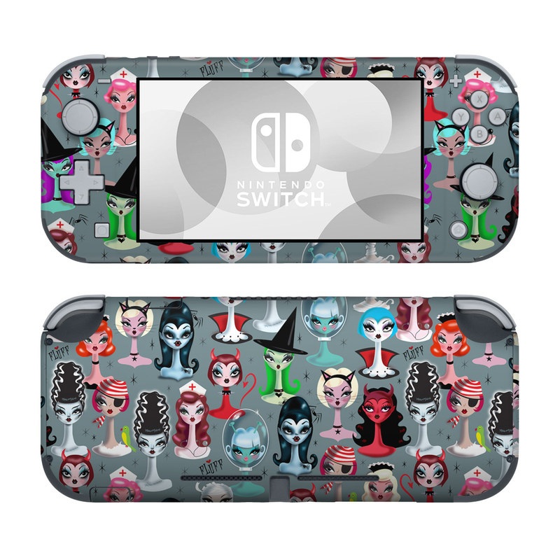 Nintendo Switch Lite Skin design of Facial expression, Head, Design, Collection, Fictional character, Pattern, Skull, Illustration, Collage, Style, with gray, white, red, blue, green, black, pink, purple colors