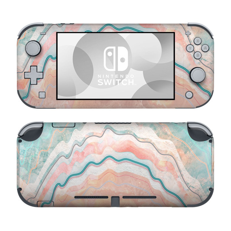 Nintendo Switch Lite Skin design of Aqua, Line, Pattern, Watercolor paint, Design, Illustration, Art, with blue, pink, white, orange, yellow colors