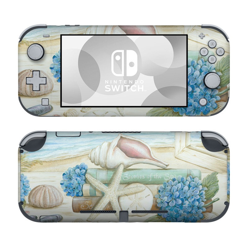 Nintendo Switch Lite Skin design of Starfish, Shell, Hydrangea, Plant, Flower, Still life, Echinoderm, Cornales, with gray, green, blue, yellow colors