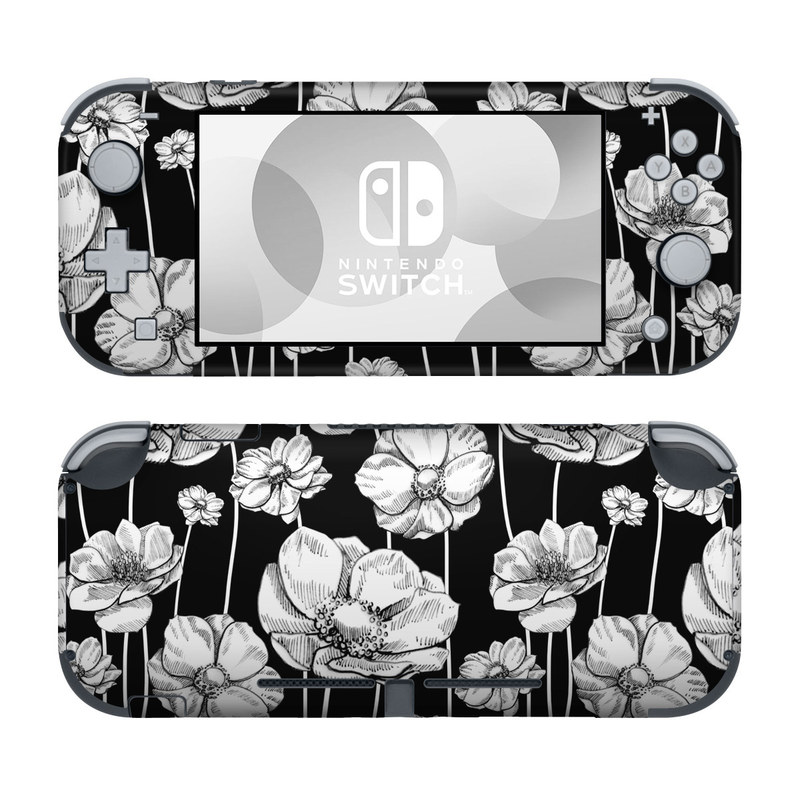 Nintendo Switch Lite Skin design of Flower, Black-and-white, Plant, Botany, Petal, Design, Wildflower, Monochrome photography, Pattern, Monochrome, with black, gray, white colors