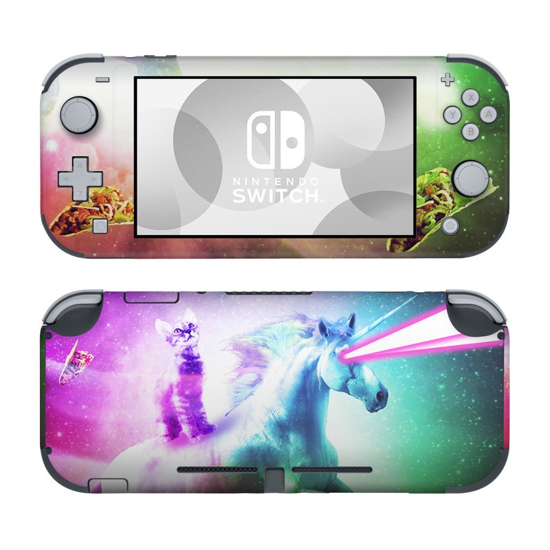 Nintendo Switch Lite Skin design of Fictional character, Illustration, Unicorn, Graphic design, Sky, Space, Mythical creature, Cg artwork, Art, Mythology, with black, white, blue, green, purple, pink, red colors