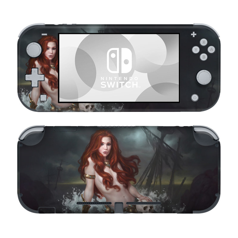 Nintendo Switch Lite Skin design of Mermaid, Cg artwork, Illustration, Fictional character, Mythology, Mythical creature, Art, Long hair, Woman warrior, Sitting, with black, brown, red, yellow, white, gray colors