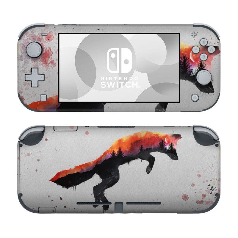 Nintendo Switch Lite Skin design of Illustration, Watercolor paint, Art, Graphic design, Painting, Red fox, Visual arts, Paint, Drawing, Tail, with gray, black, red, yellow, orange, white colors