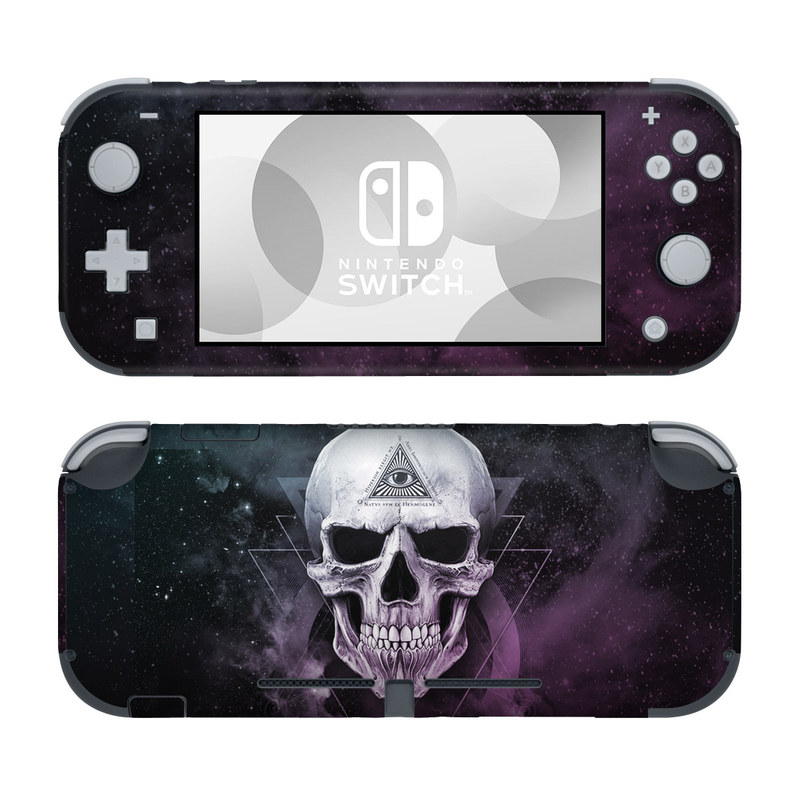 Nintendo Switch Lite Skin design of Skull, Bone, Illustration, Font, Jaw, Fictional character, Graphic design, Graphics, Art, with black, white, gray, purple colors
