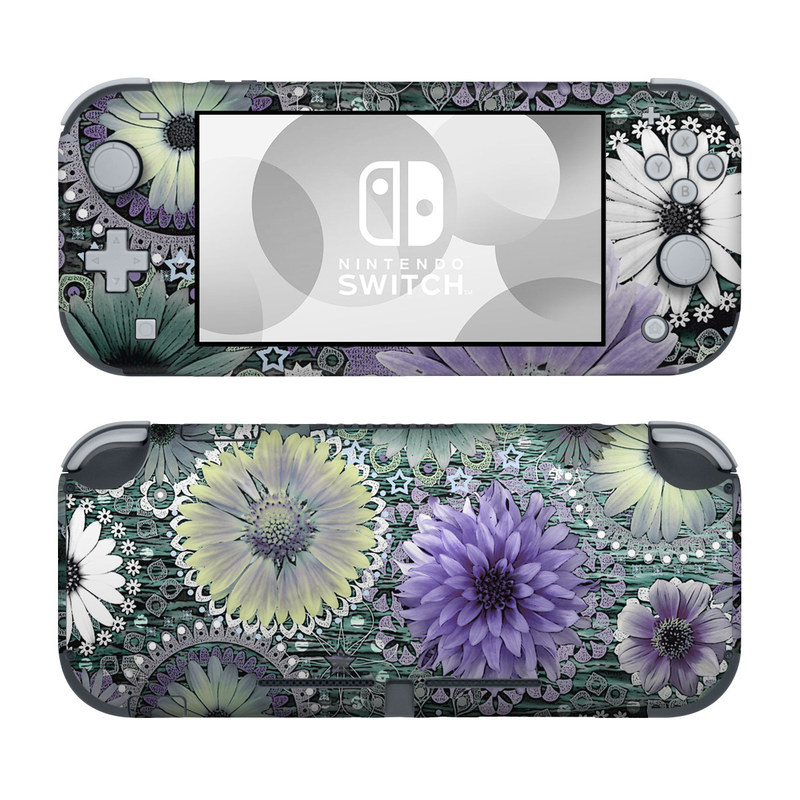 Nintendo Switch Lite Skin design of Purple, Flower, african daisy, Pericallis, Plant, Violet, Lavender, Botany, Petal, Pattern, with gray, black, blue, purple, white colors