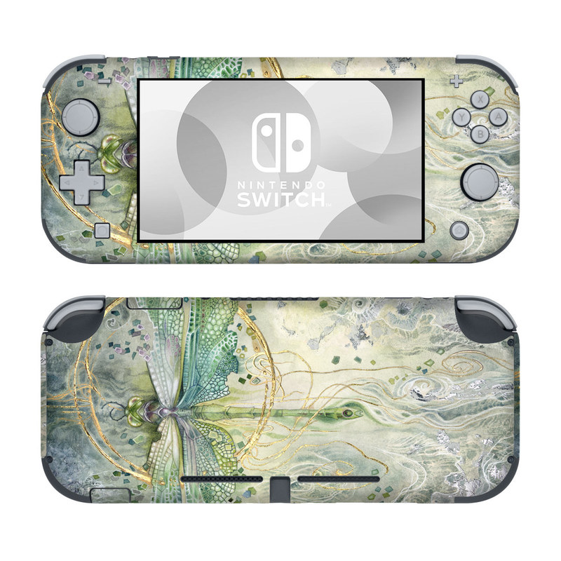 Nintendo Switch Lite Skin design of Green, Painting, Watercolor paint, Water, Acrylic paint, Leaf, Visual arts, Plant, Art, Photography, with green, yellow, blue, gray colors
