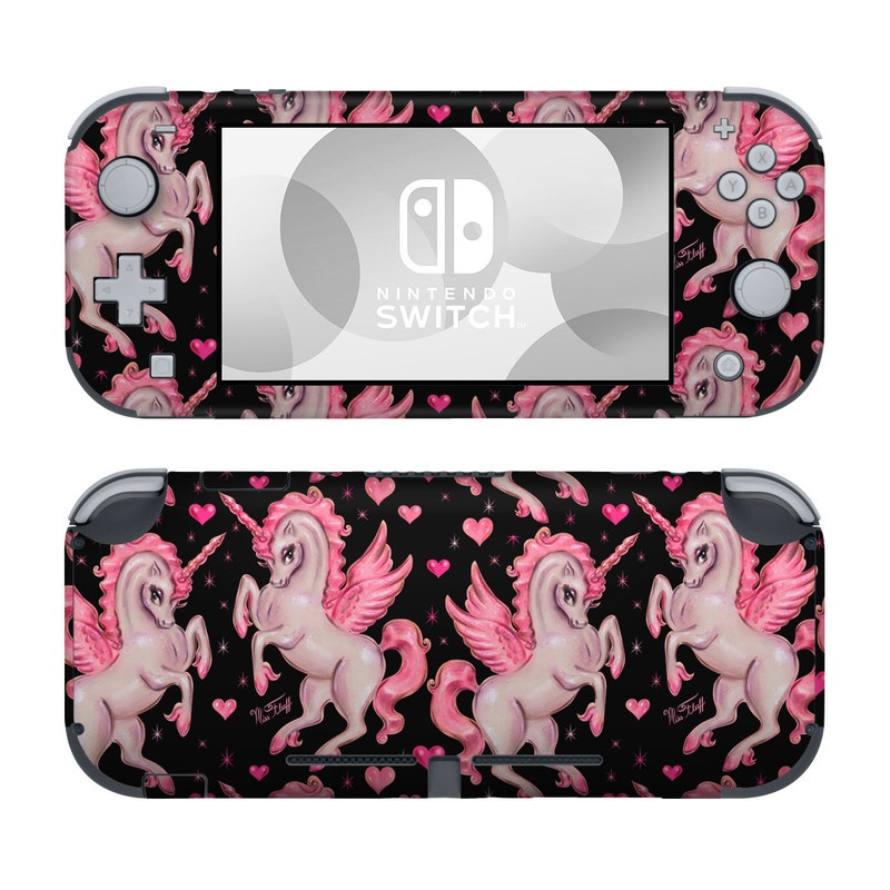 Nintendo Switch Lite Skin design of Pink, Pattern, Fictional character, Design, Illustration, Font, Unicorn, Graphic design, Mythical creature, Art, with black, pink colors
