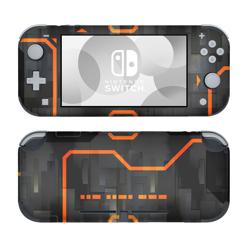 Nintendo Switch Lite Skin design of Orange, Font, Parallel, Pattern, Graphics, Rectangle, Logo, Brand, Graphic design, Event, with black, orange colors