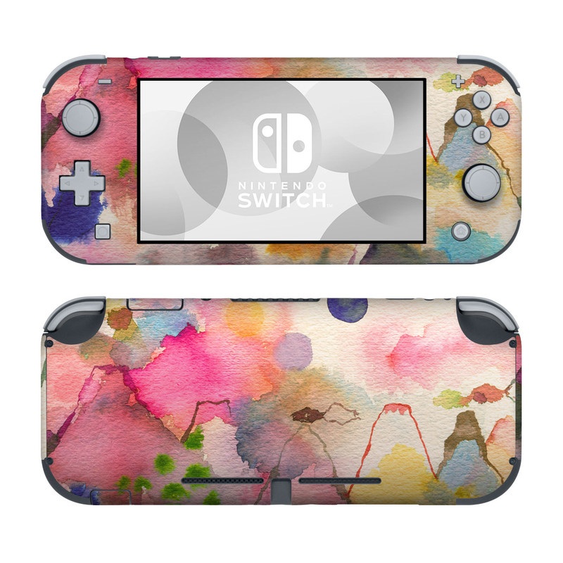 Nintendo Switch Lite Skin design of Watercolor paint, Flower, Textile, Painting, Art, Plant, Pattern, Visual arts, Floral design, Paint, with white, pink, red, yellow, green, blue, black, orange colors