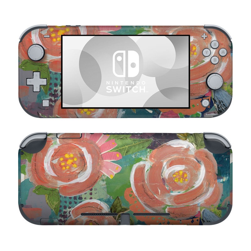 Nintendo Switch Lite Skin design of Painting, Watercolor paint, Still life, Child art, Art, Illustration, Acrylic paint, Flower, Visual arts, Textile, with green, pink, red, yellow, blue, white, black, gray colors