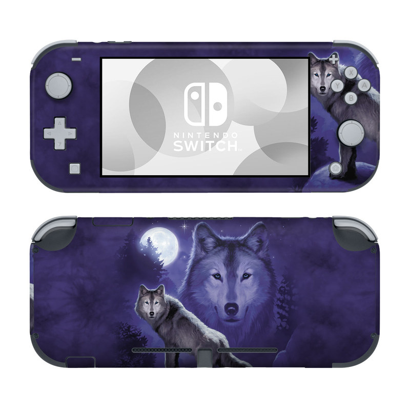 Nintendo Switch Lite Skin design of Wolf, Canidae, canis lupus tundrarum, Canis, Wolfdog, Dog, Native american indian dog, Wildlife, Sakhalin husky, Moonlight, with blue, black, gray colors